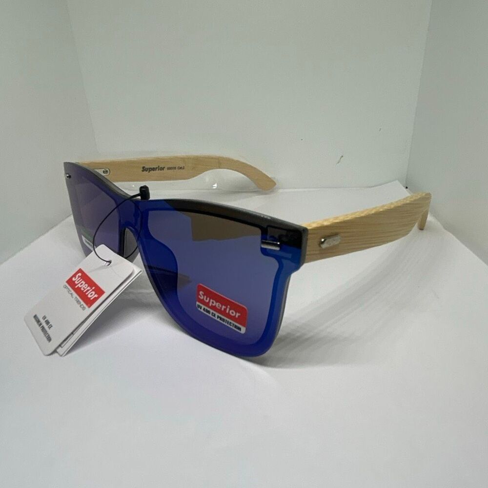 Superior Bamboo Mirrored  UV400 Rimless Shield Sunglasses Eco-Friendly Wooden Ar